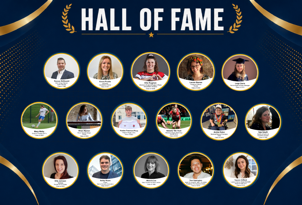 Pictures of 16 of our Alumni in our Hall of Fame display in the school hall